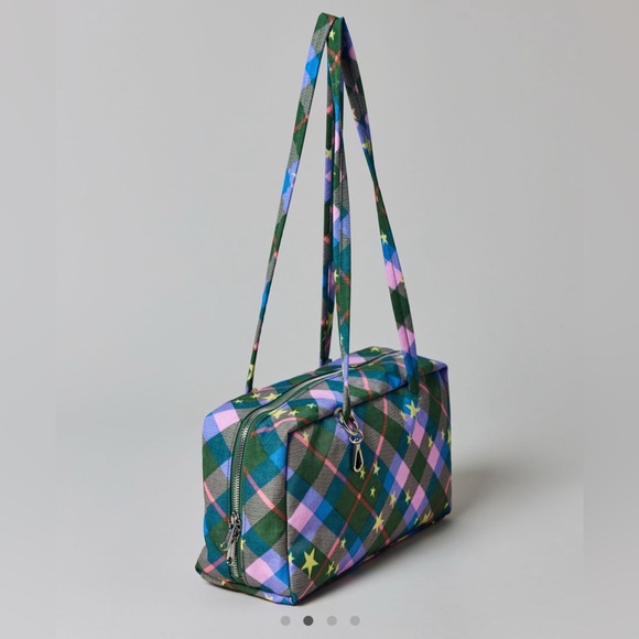 NWT BAGGU Nylon Bowler Bag Green Star Plaid - Picture 5 of 11